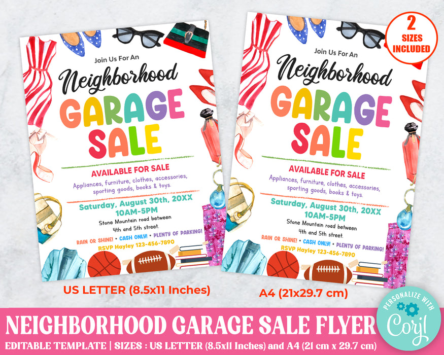 DIY Garage Sale Flyer Template | Neighborhood Yard Sale Event Flyer