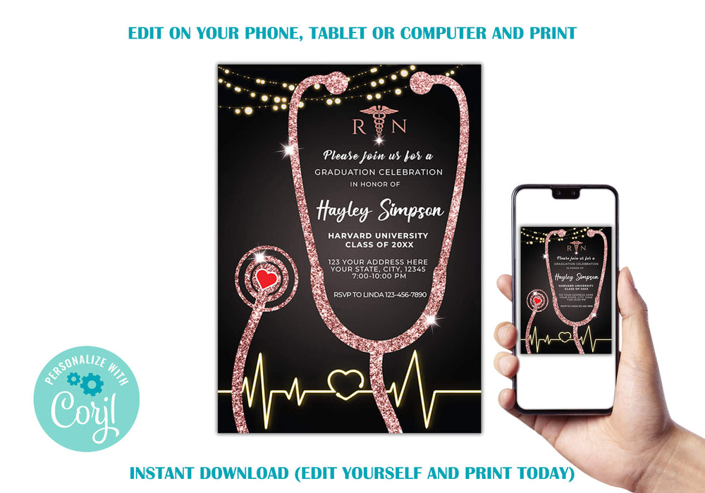 DIY Rose Gold Nurse Graduation Invitation | Nursing Grad Invite Template - Posh Park DIY Rose Gold Nurse Graduation Invitation | Nursing Grad Invite Template - Posh Park