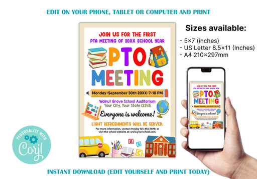 Customizable PTO Meeting Flyer | Back To School Meeting Flyer Invitation Template