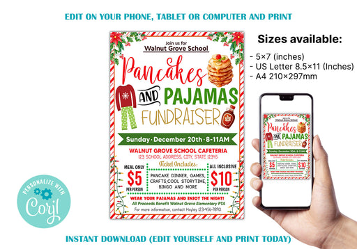 Customizable Pancakes and Pajamas Fundraiser Flyer Template | Christmas School PTA PTO Fundraiser Event Poster