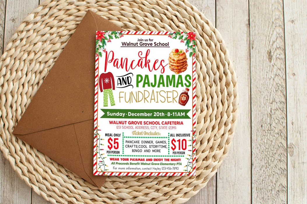 Customizable Pancakes and Pajamas Fundraiser Flyer Template | Christmas School PTA PTO Fundraiser Event Poster
