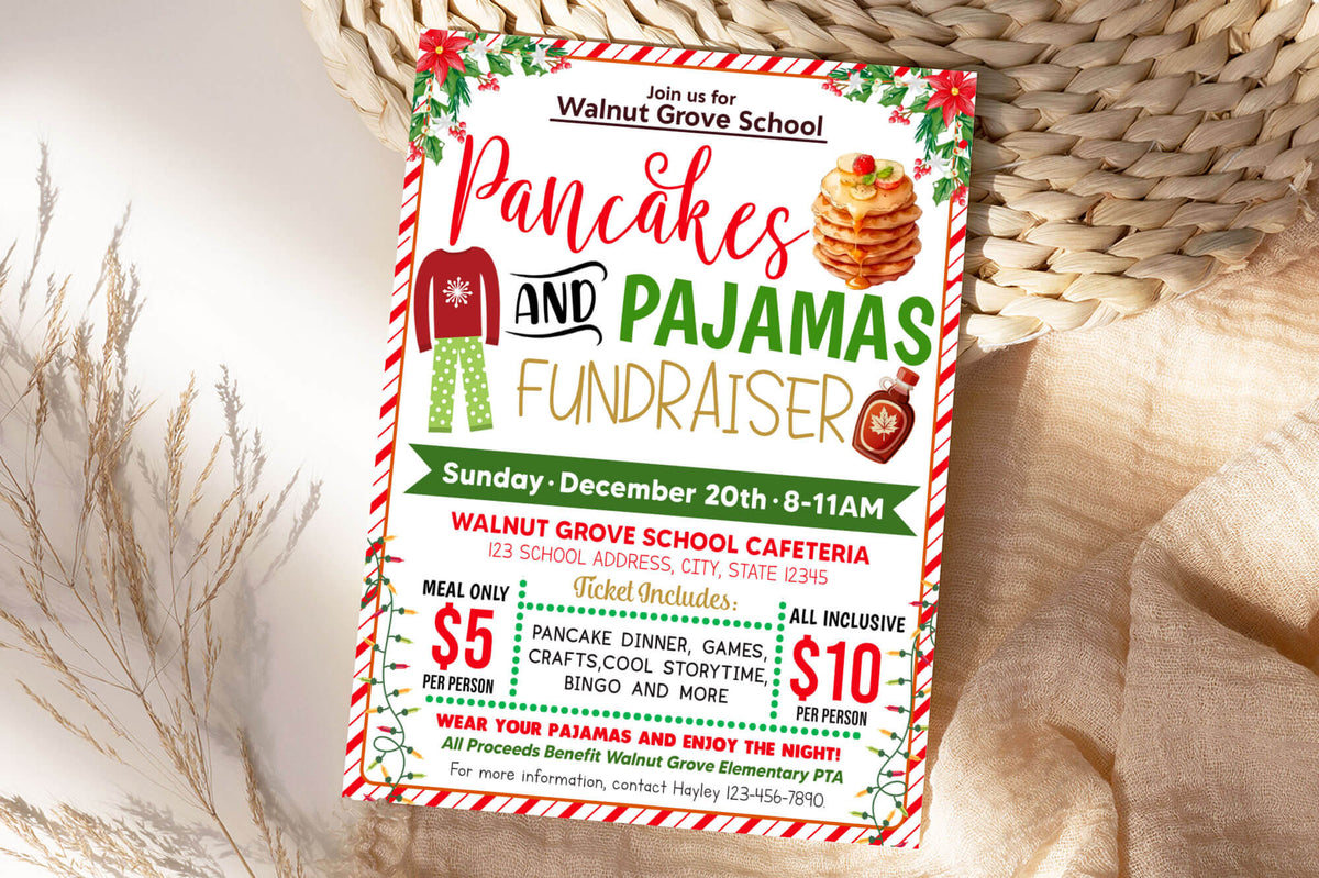 Customizable Pancakes and Pajamas Fundraiser Flyer Template | Christmas ...