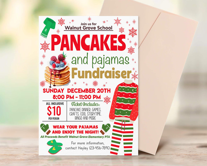 DIY Pancakes and Pajamas Fundraiser Flyer | School PTA PTO Christmas Fundraiser Poster Template