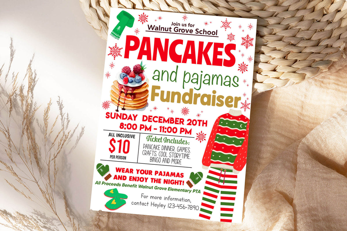 DIY Pancakes and Pajamas Fundraiser Flyer School PTA PTO Christmas