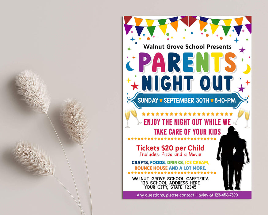 DIY Parents Night Out Flyer | School Family Fundraiser Event Flyer Template