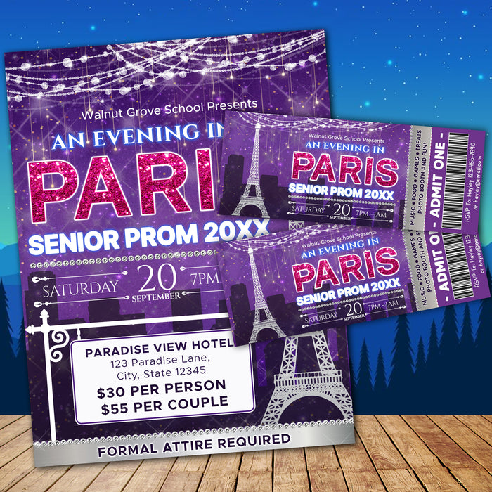 DIY An Evening in Paris Prom Ticket and Flyer Bundle | A Night in Paris School Dance Event Template