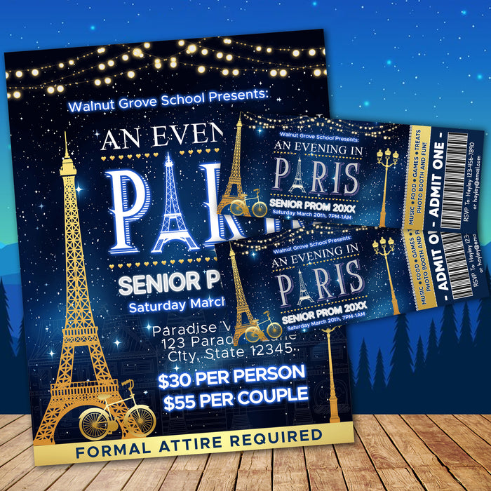 Customizable A Night in Paris Prom Ticket and Flyer Bundle Template | An Evening in Paris School Dance Event