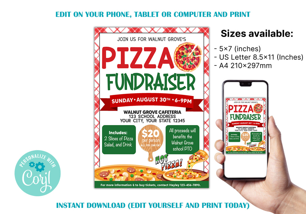 Customizable Pizza Fundraiser Flyer | Pizza Event Benefit Flyer Template