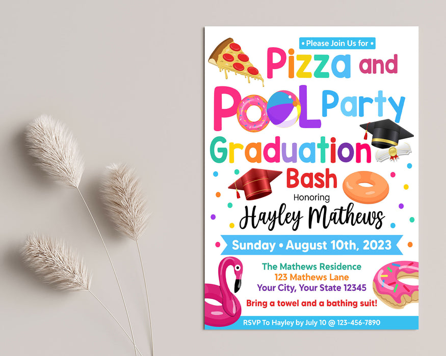 DIY Pizza and Pool Graduation Party Invitation | Graduation Bash Party Flyer Invite Template
