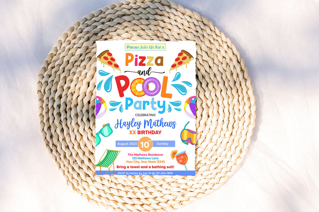 Customizable Pizza and Pool Party Invitation Template | End of School Summer Party Flyer Invite