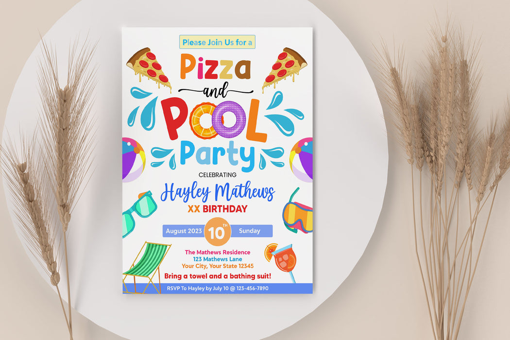 Customizable Pizza and Pool Party Invitation Template | End of School Summer Party Flyer Invite