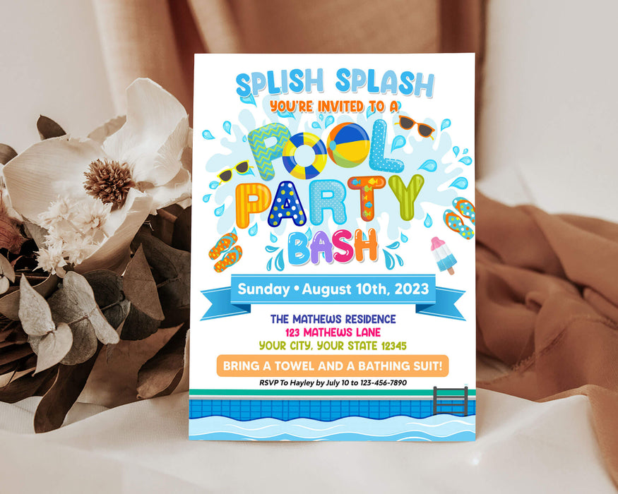 DIY Pool Party Bash Invitation Flyer | Splish Splash Party Bash Invite Template