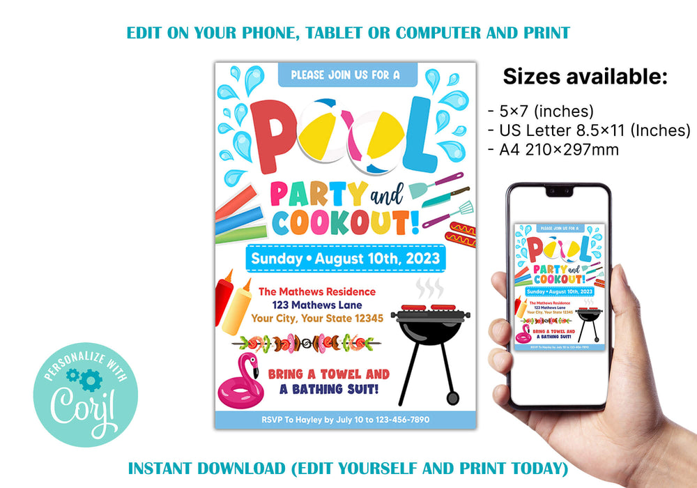 Customizable Pool Party and Cookout Invitation Template | Summer Pool Party Bash Flyer Invite