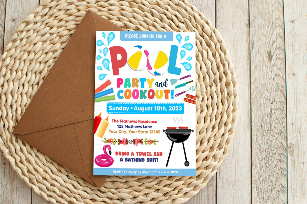 Customizable Pool Party and Cookout Invitation Template | Summer Pool Party Bash Flyer Invite