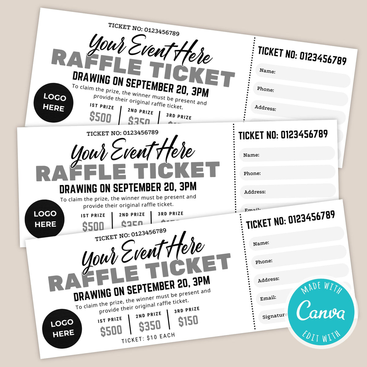 Customizable Raffle Ticket Template for Events | Fundraiser Raffle ...
