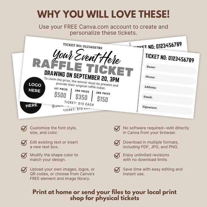 Ticket Raffle Invitations Customizable Raffle Ticket Template for Events | Fundraiser Raffle ...