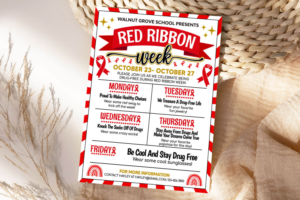 DIY Red Ribbon Week Itinerary Flyer | Drug Free School Spirit Week Poster Template