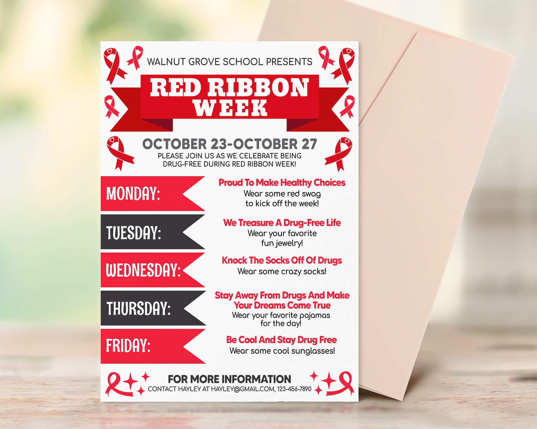 Customizable Red Ribbon Week Itinerary Flyer | School Spirit Week Drug ...