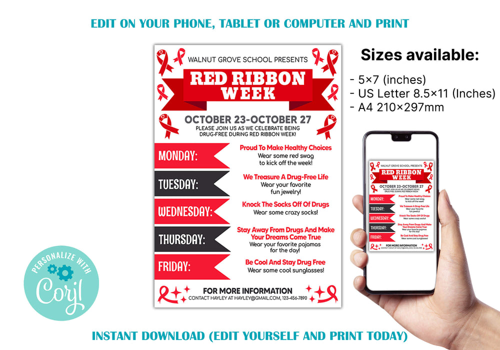 Customizable Red Ribbon Week Itinerary Flyer | School Spirit Week Drug Free Poster Template