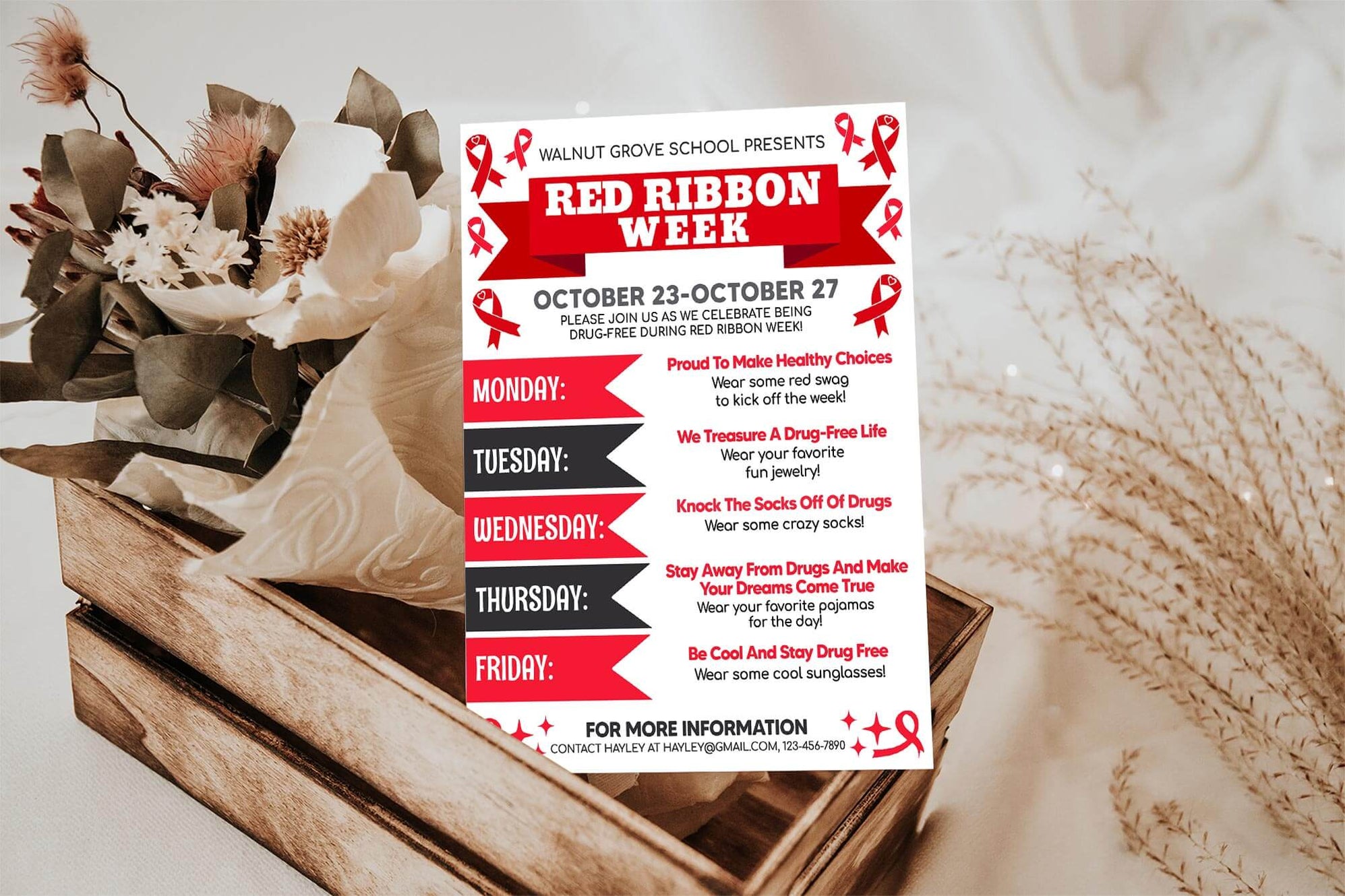 Customizable Red Ribbon Week Itinerary Flyer School Spirit Week Drug