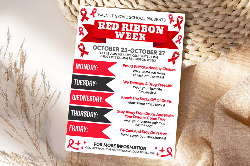 Customizable Red Ribbon Week Itinerary Flyer | School Spirit Week Drug Free Poster Template - Posh Park customizable-red-ribbon-week-itinerary-flyer-school-spirit-week-drug-free-poster-template-posh-park