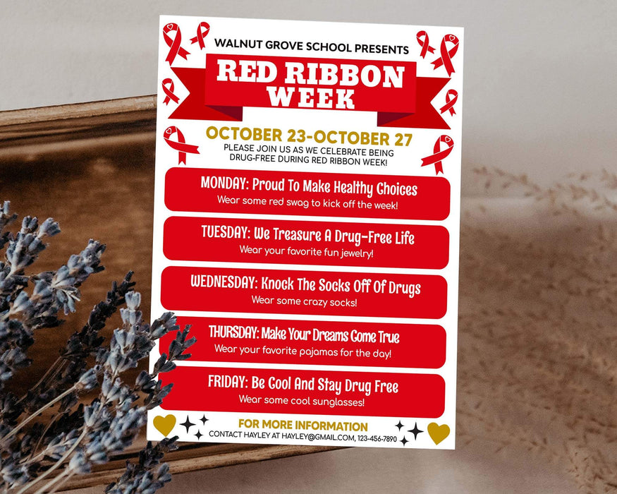 Red Ribbon Week Itinerary Flyer Template | Drug Free School Spirit Week Itinerary Template