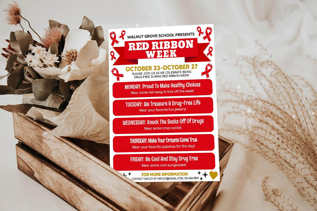Red Ribbon Week Itinerary Flyer Template | Drug Free School Spirit Week Itinerary Template