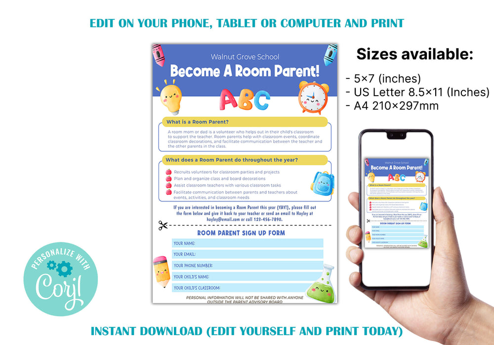 DIY Room Parent Form Flyer | School PTO PTA Volunteer Sign Up Form Template