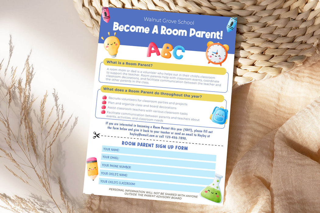 DIY Room Parent Form Flyer | School PTO PTA Volunteer Sign Up Form Template