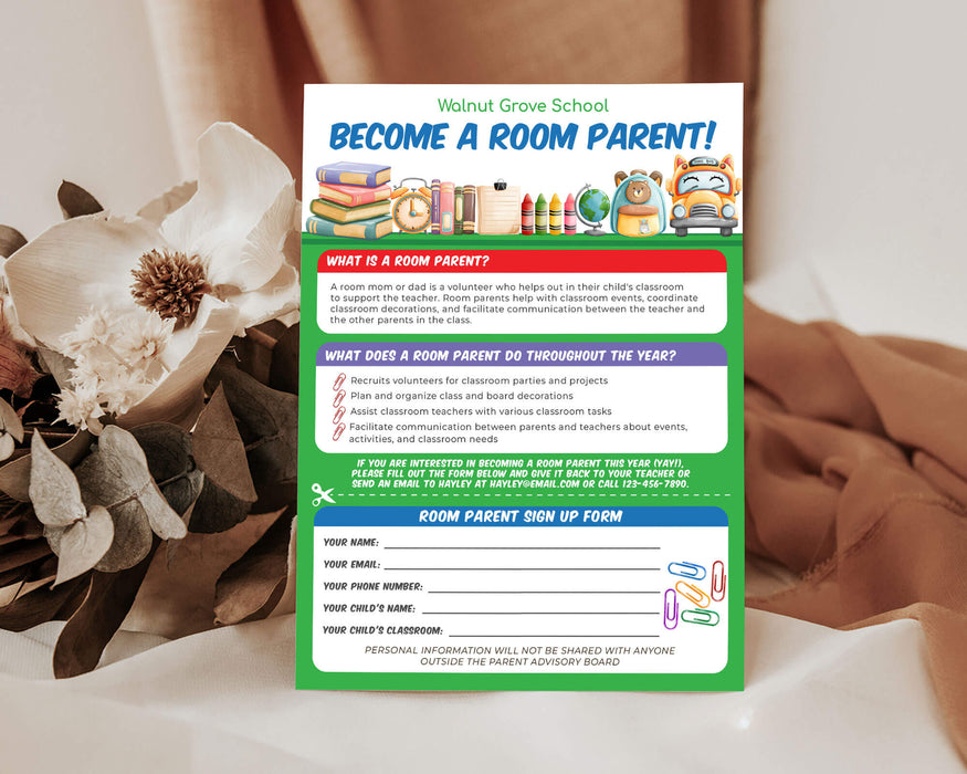 Customizable Room Parent Form Flyer Template | PTO PTA School Daycare Volunteer Sign Up Handout