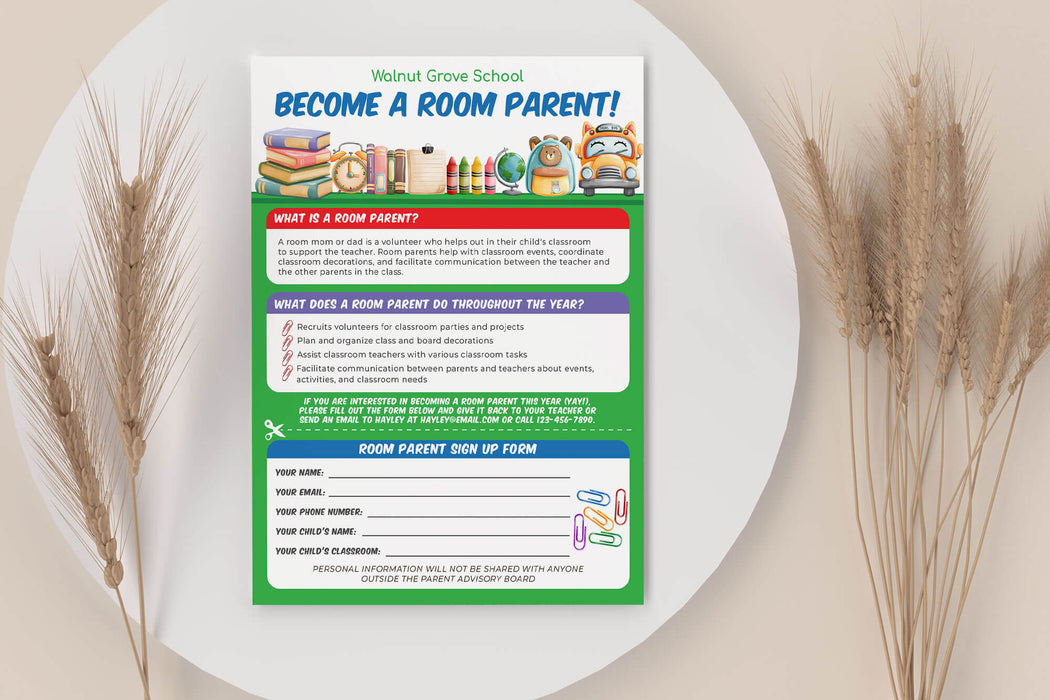 Customizable Room Parent Form Flyer Template | PTO PTA School Daycare Volunteer Sign Up Handout