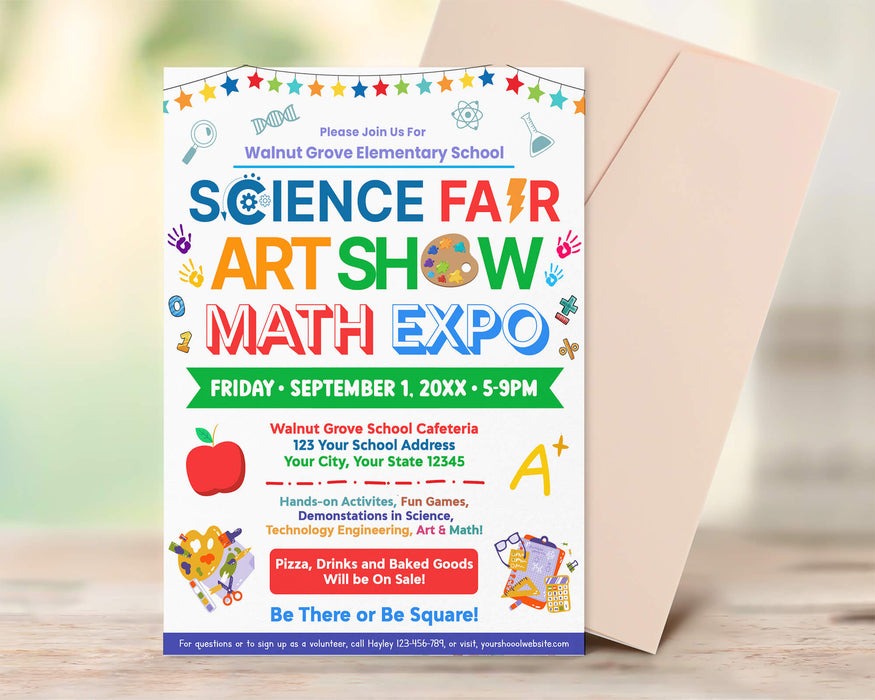 Science Fair, Art Show and Math Expo Flyer Template | PTA PTO School Science, Art and Mathematics Fundraiser Invite