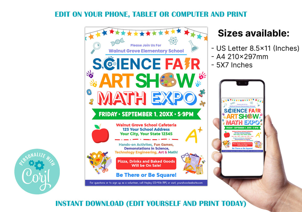 Science Fair, Art Show and Math Expo Flyer Template | PTA PTO School Science, Art and Mathematics Fundraiser Invite
