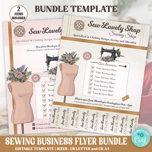 Customizable Sewing Business Flyer Bundle Template | Tailor, Seamstress, Crafter Business Marketing Handout