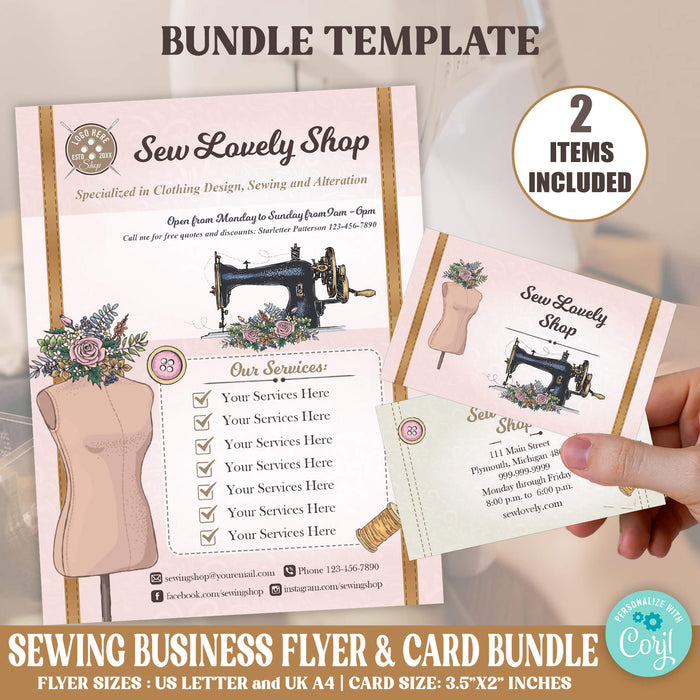 Customizable Sewing Flyer and Business Card Bundle Template | Tailor, Seamstress, Crafter Business Marketing Handout and Card