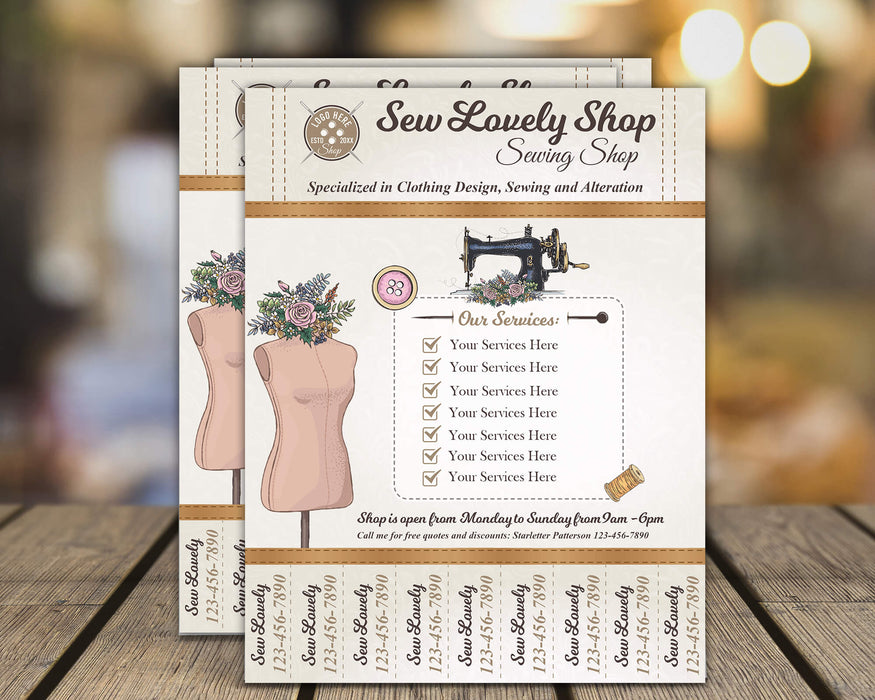 DIY Sewing Business Card Bundle and Flyer With Tear Off Template | Business Marketing Bundle For Tailor, Seamstress and Crafter