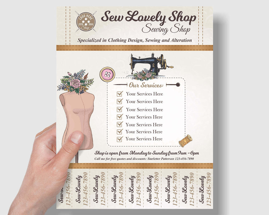 DIY Sewing Business Card Bundle and Flyer With Tear Off Template | Business Marketing Bundle For Tailor, Seamstress and Crafter