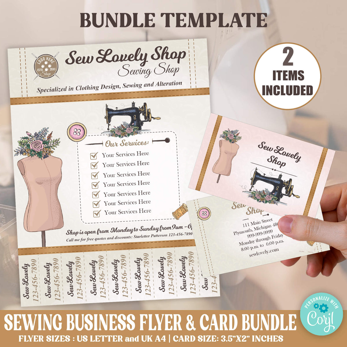 Diy Sewing Business Card Bundle And Flyer With Tear Off Template Business Marketing Bundle For