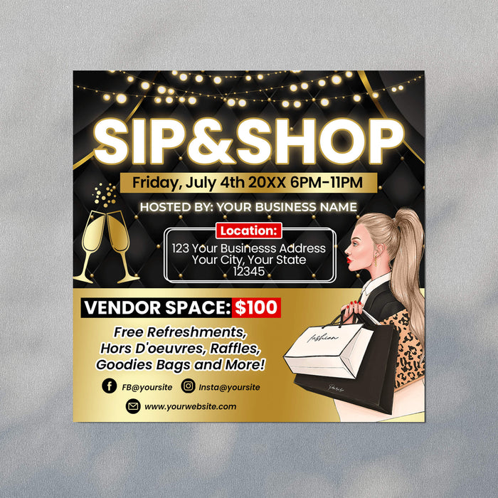DIY Sip and Shop Flyer | Pop Up Boutique Shopping Event Invitation Template