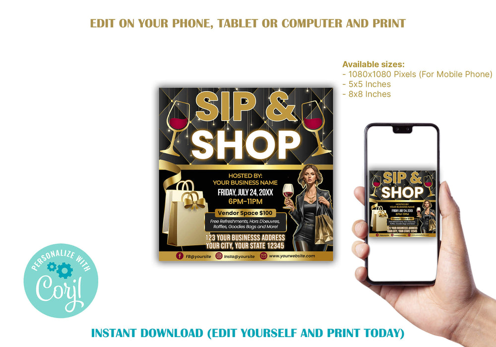 Customizable Sip and Shop Flyer | Pop Up Event Boutique Shop Invite Template