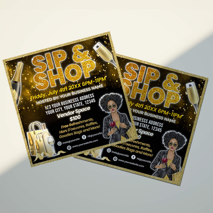 Customizable Sip and Shop Pop Up Flyer | Boutique Shopping Event Invite Template