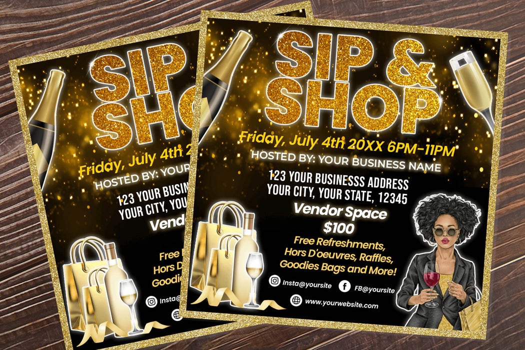 Customizable Sip and Shop Pop Up Flyer | Boutique Shopping Event Invite Template