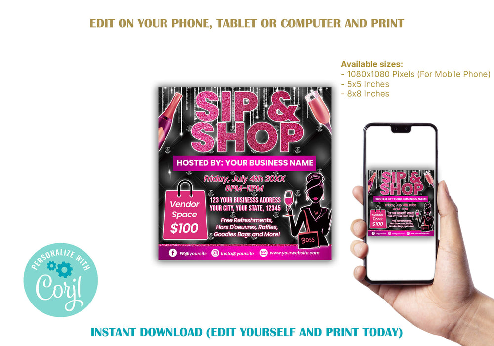 Sip and Shop Pop Up Flyer Template | Boutique Shopping Invitation Template