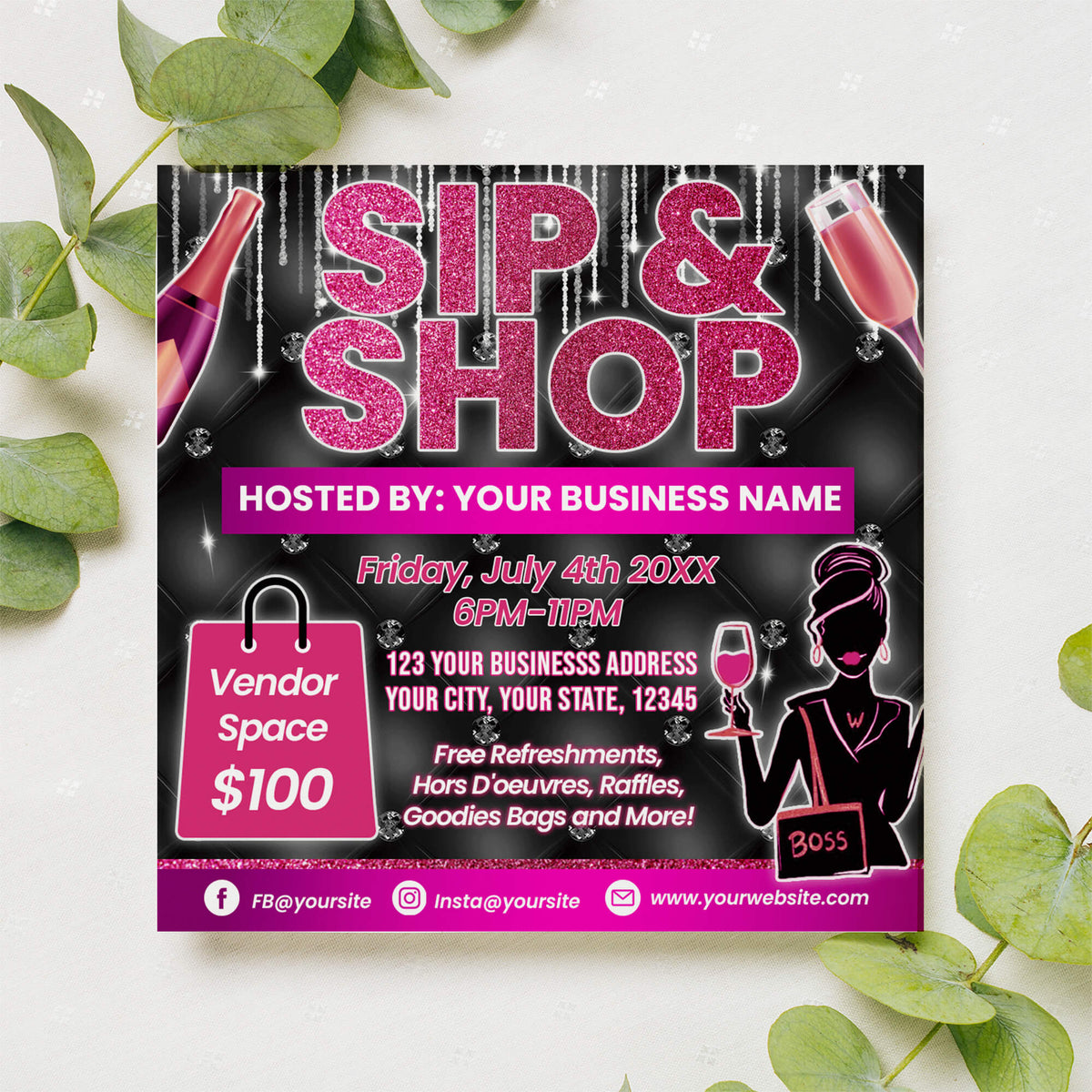 Sip and Shop Pop Up Flyer Template | Boutique Shopping Invitation ...