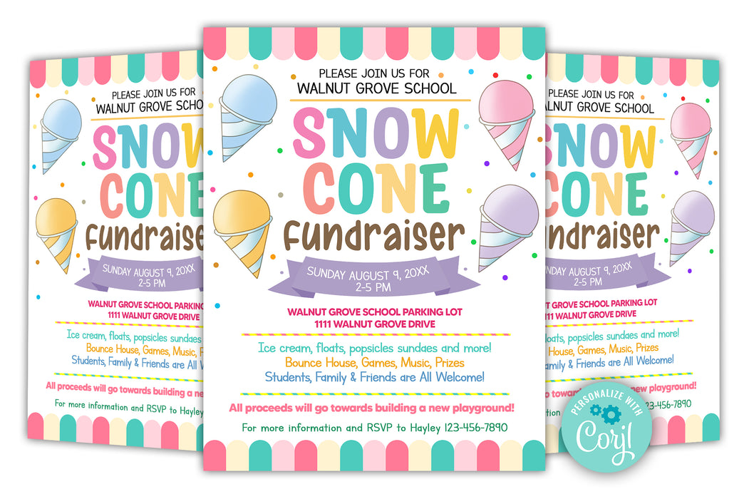Customizable Snow Cone Fundraiser Flyer Template | PTO PTA School Event Fundraiser Flyer