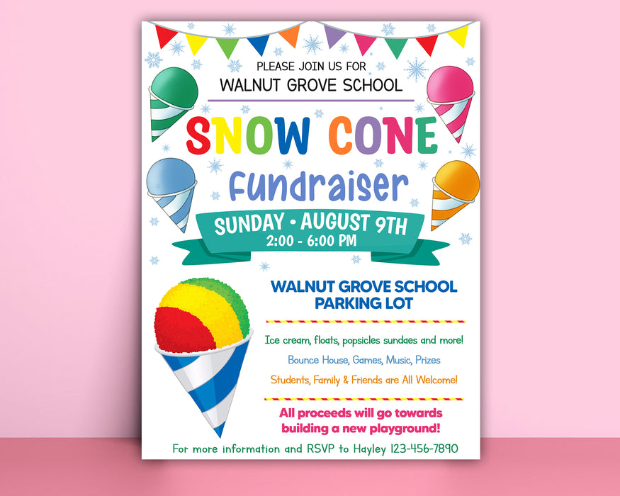 DIY Snow Cone Fundraiser Flyer Template | Summer PTO PTA School Activities Fundraiser Flyer