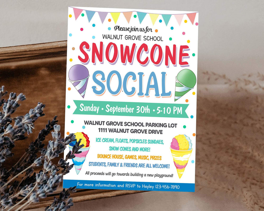 Invitation Social Program DIY Snow Cone Social Flyer Invite Template | Summer PTO PTA School ...