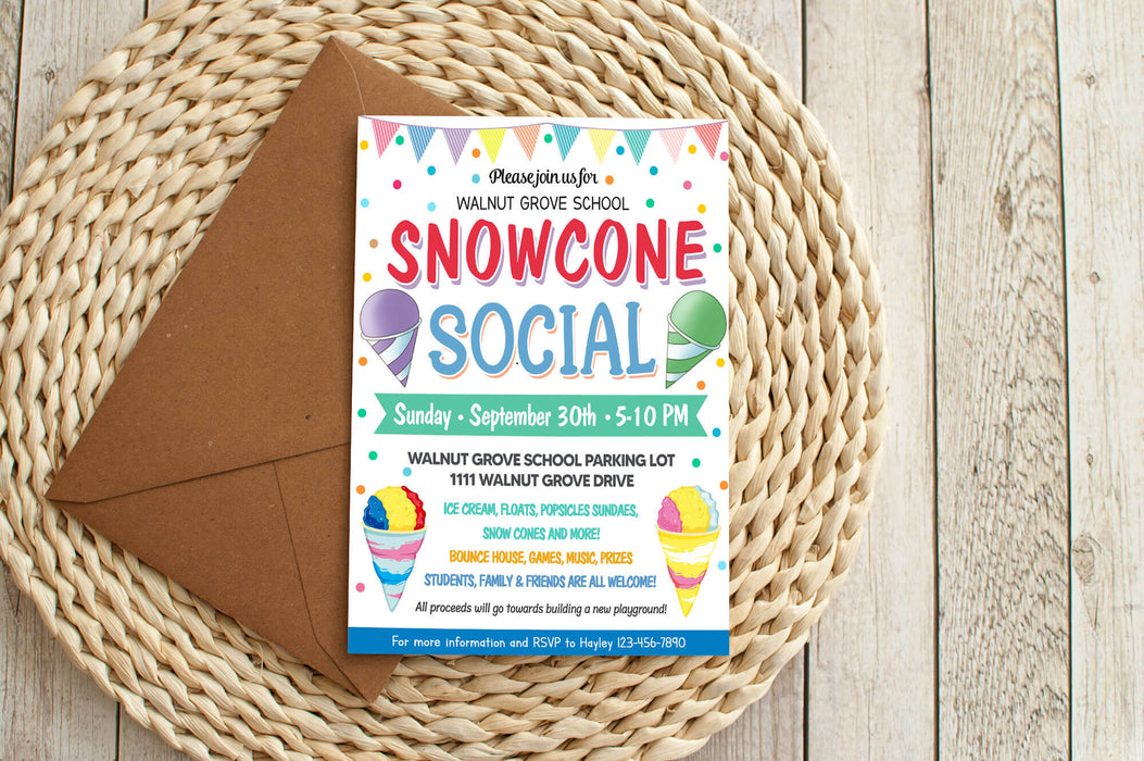 DIY Snow Cone Social Flyer Invite Template | Summer PTO PTA School Activities Invitation