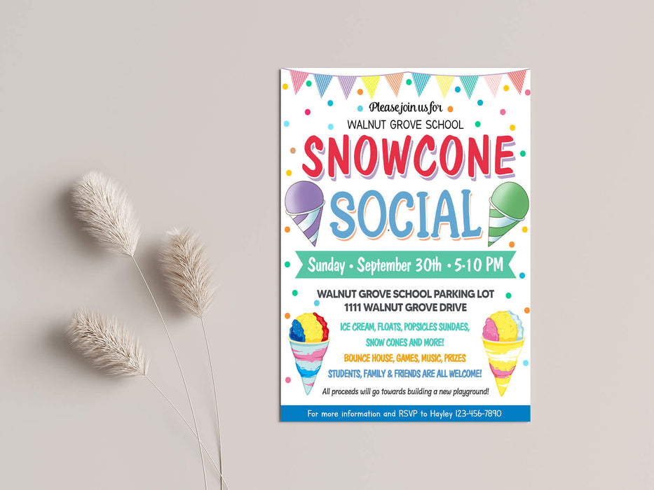 DIY Snow Cone Social Flyer Invite Template | Summer PTO PTA School Activities Invitation