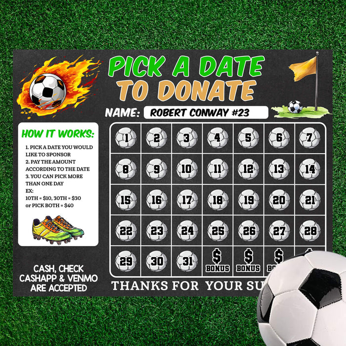 Soccer Pick a Date to Donate Fundraising Calendar | Football Pay The Date Template